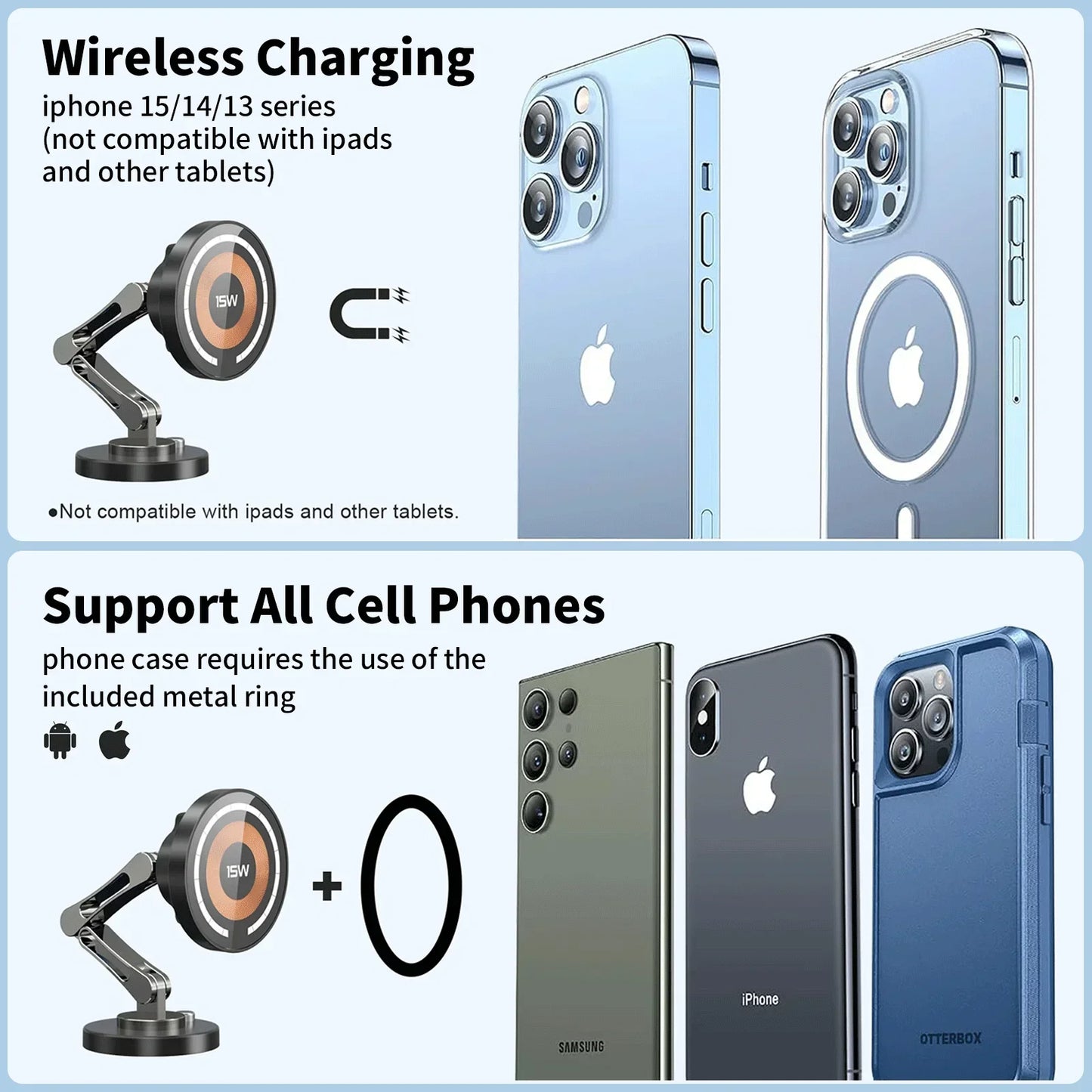 Magnetic Car Phone Holder Mount Wireless Charger Fast Charging