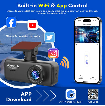 4K UHD WiFi Dash Cam for Car DVR Camera Front and Rear Dual Video