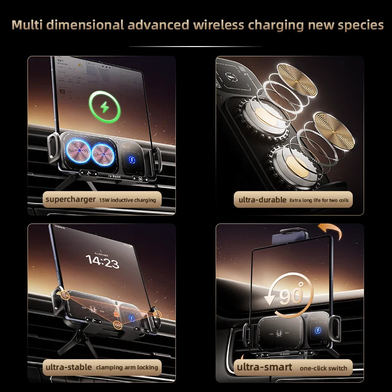Dual Coil Foldable Phone Holder Car 15W Wireless Charger