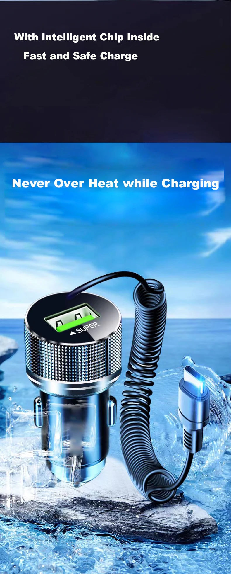 Metal USB Car Charger with Type C Cable 12V Super Fast Charging