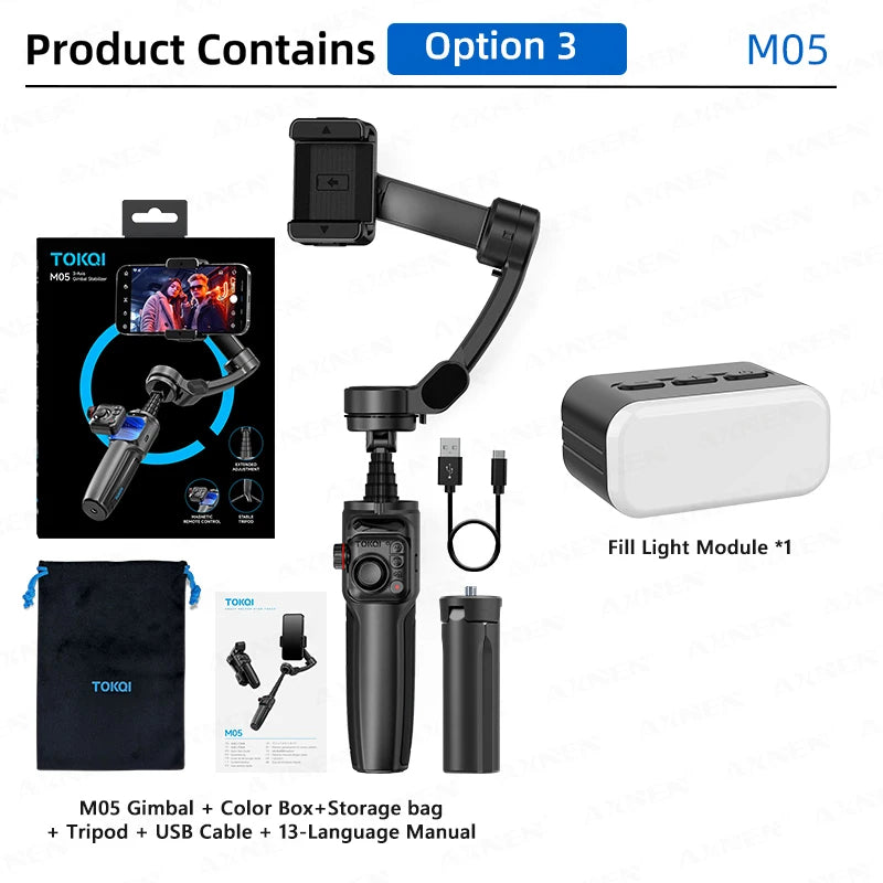 Foldable 3-Axis Phone Gimbal Stabilizer with Telescopic Rod