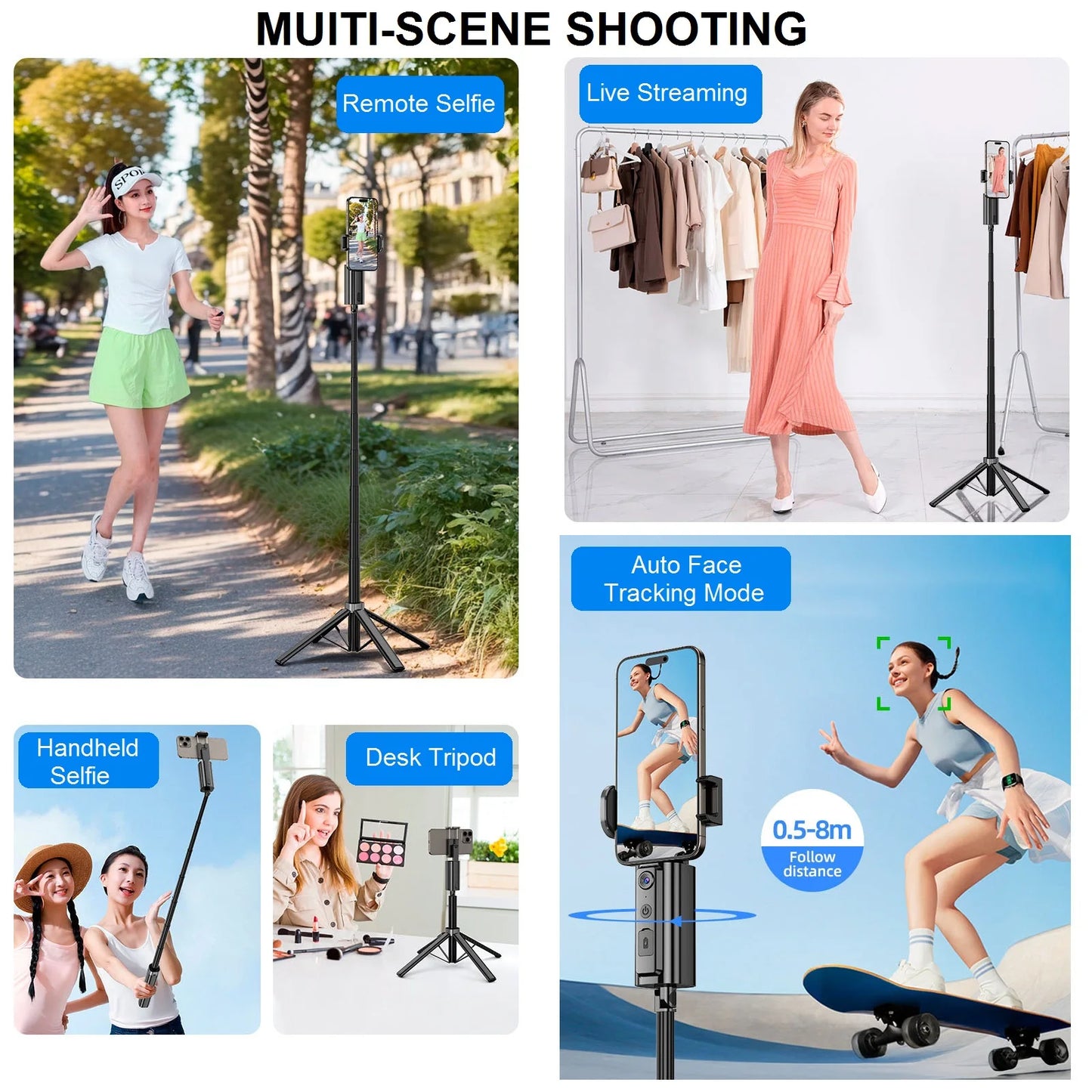 Auto Face Tracking Tripod Selfie Stick 360° Rotation Phone Holder