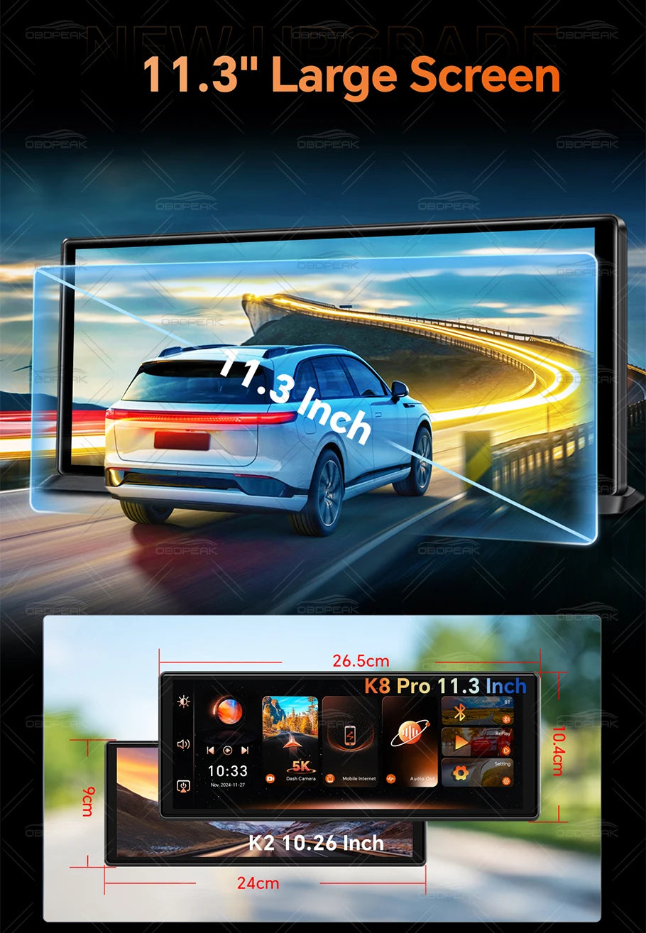 OBDPEAK K8 Pro Front 5K Rear 1080P Dash Cam Camera