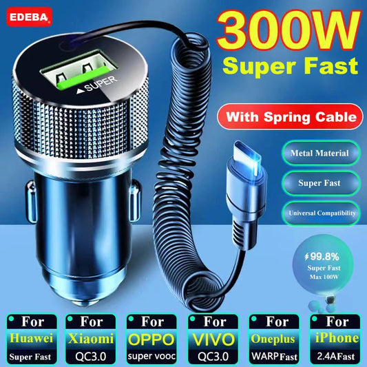 Metal USB Car Charger with Type C Cable 12V Super Fast Charging