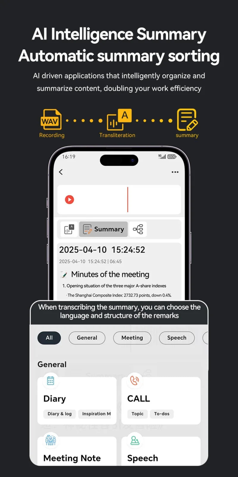 AI Voice Recorder with Display Screen 8-256GB Intelligent Note