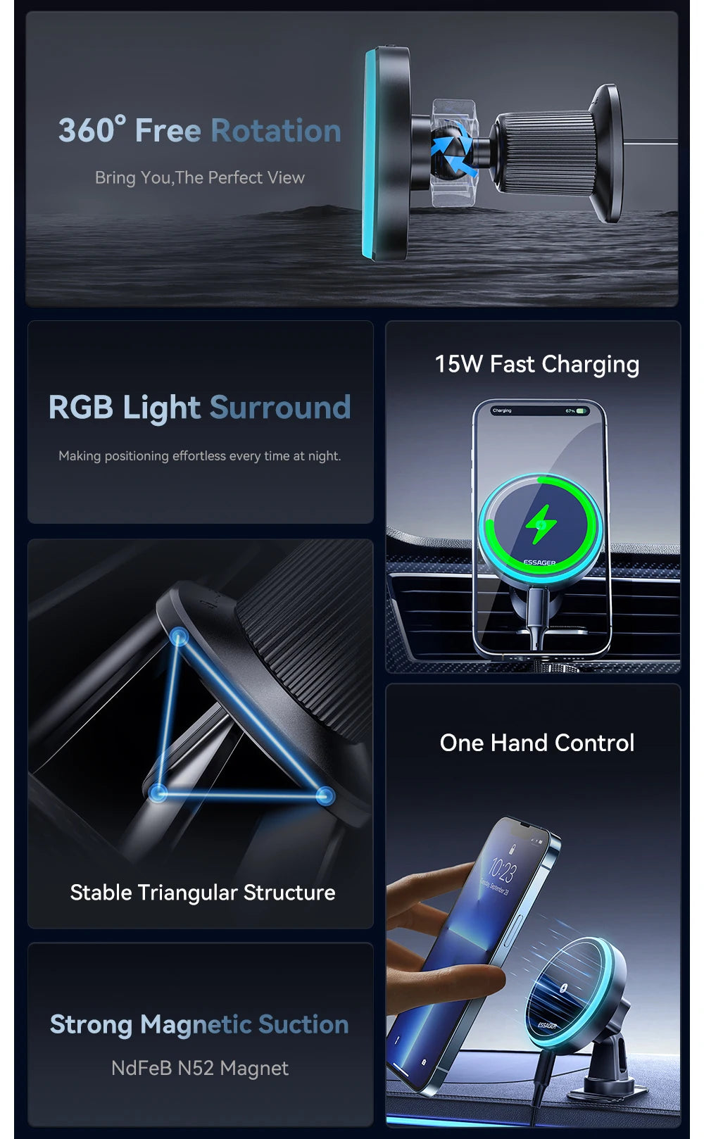 Essager Magnetic Car Phone Holder 15W Wireless Charger Stand
