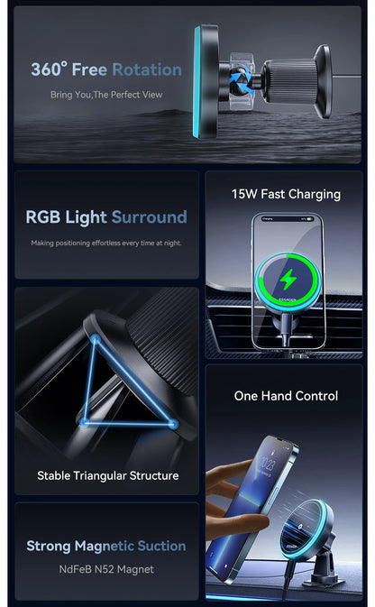 Essager Magnetic Car Phone Holder 15W Wireless Charger Stand