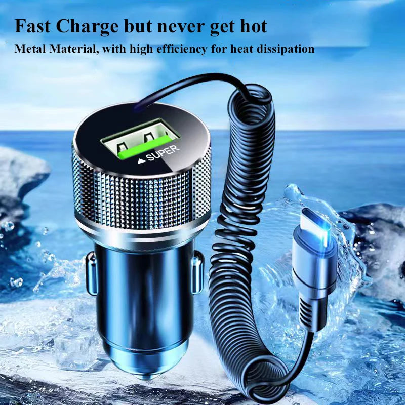 Metal USB Car Charger with Type C Cable 12V Super Fast Charging