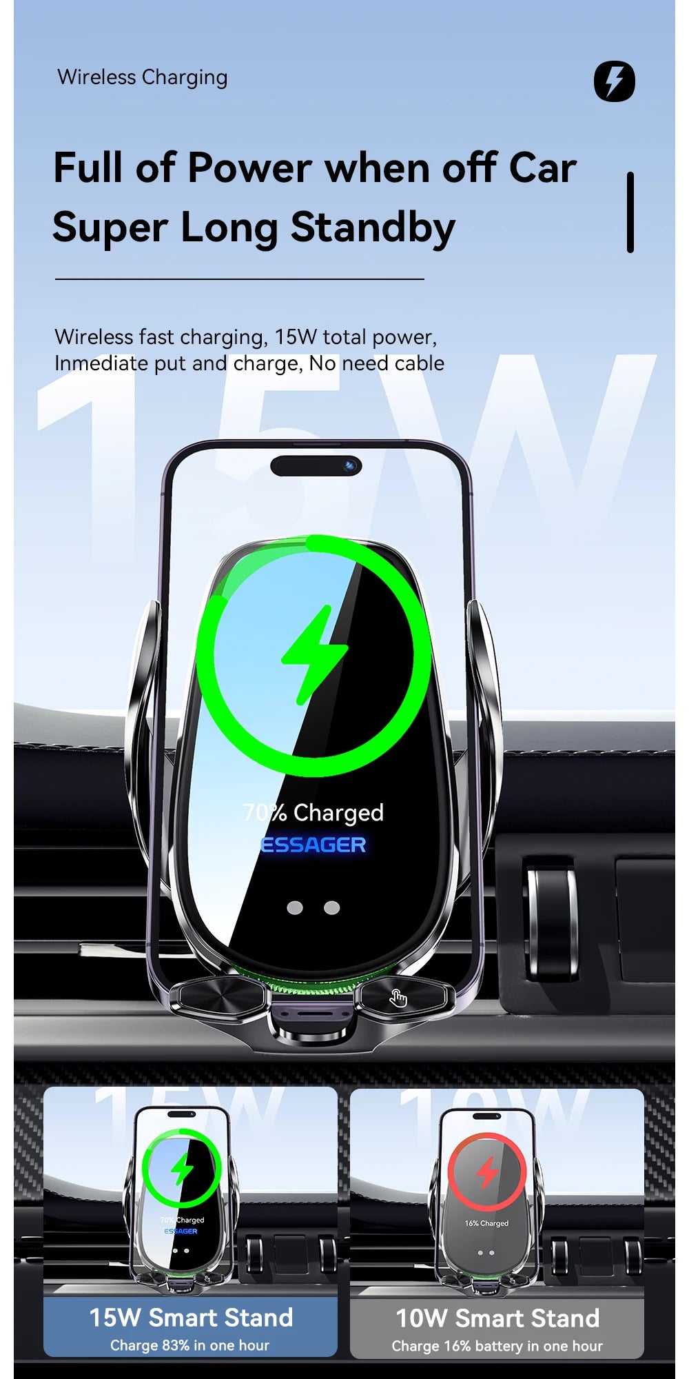 Essager Qi 15W Wireless Charger Car Phone Holder In Car Air Vent