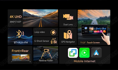 K2 Pro 11.3" Car DVR 4K Camera Wireless Carplay Dash Cam