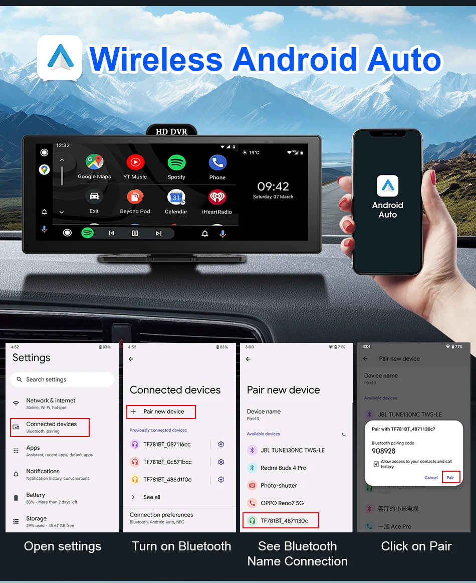 10/11.26 Inch 4K DVR Wireless CarPlay & Android Auto Dash Cam