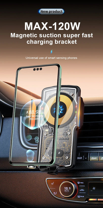 120W Magnetic Charger Car Phone Holder 15W Fast Wireless Charging