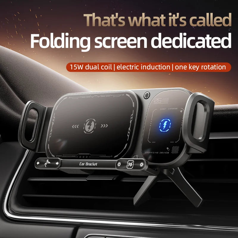 Dual Coil Foldable Phone Holder Car 15W Wireless Charger