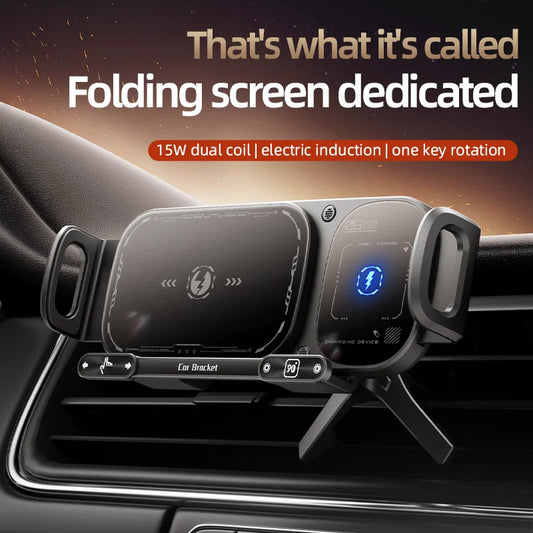 Dual Coil Foldable Phone Holder Car 15W Wireless Charger