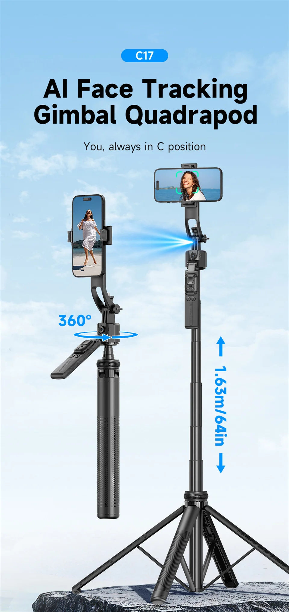 FANGTUOSI 360 Rotation Gimbal Stabilizer ,Selfie Stick Tripod