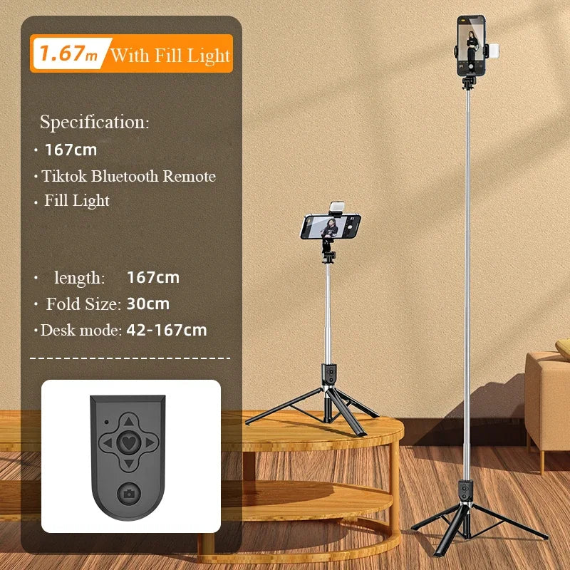 1.67M Long Extended Bluetooth Wireless Selfie Stick Live