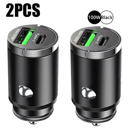 Mini 100W Car Charger Type C Dual USB Fast Charging