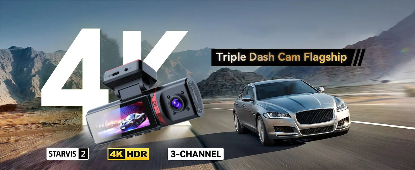 3 Channel Car DVR UHD 4K 3-Lens Inside Vehicle Dash Cam