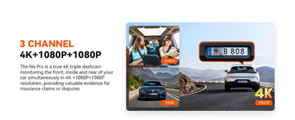 3 Channel Car DVR UHD 4K 3-Lens Inside Vehicle Dash Cam