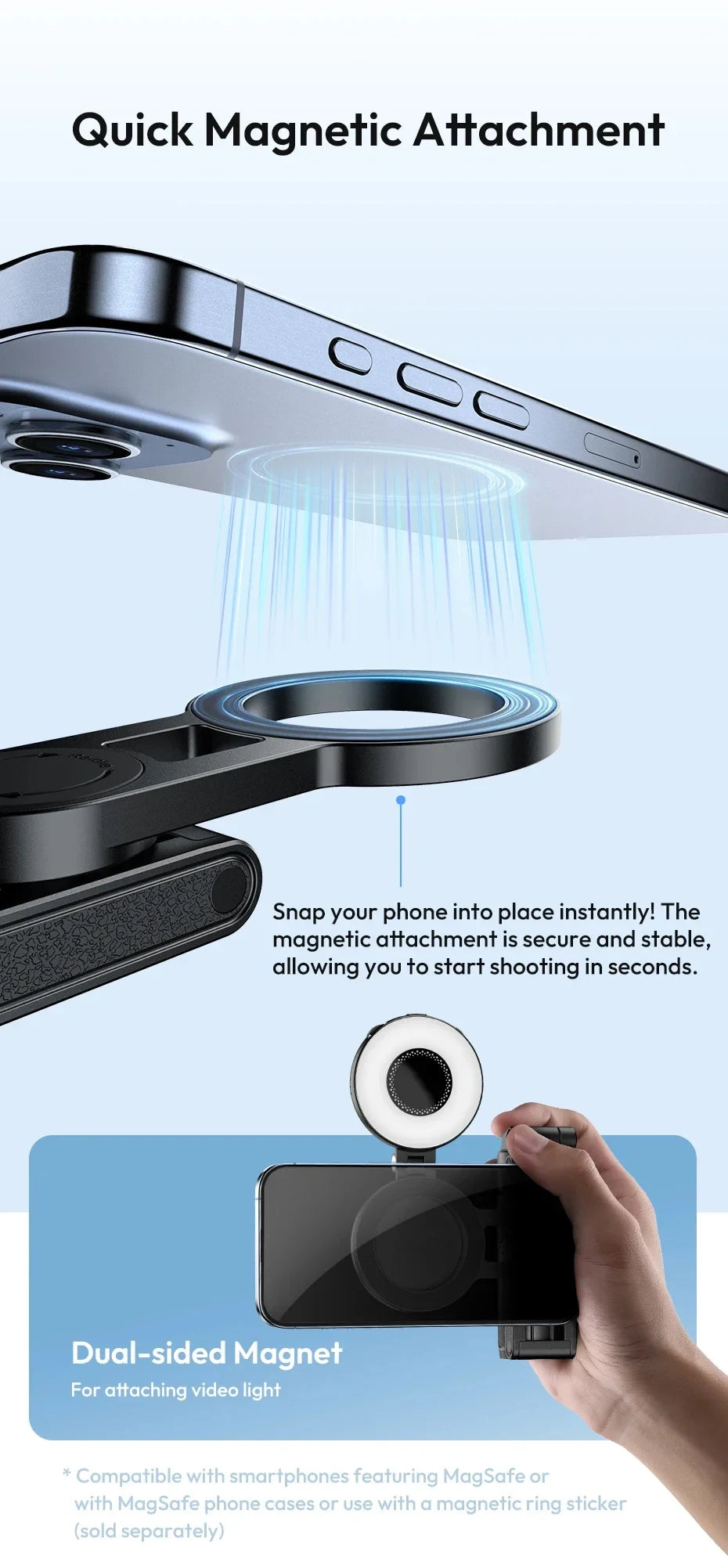 Magnetic Phone Tripod Wireless Phone Grip Selfie Stick