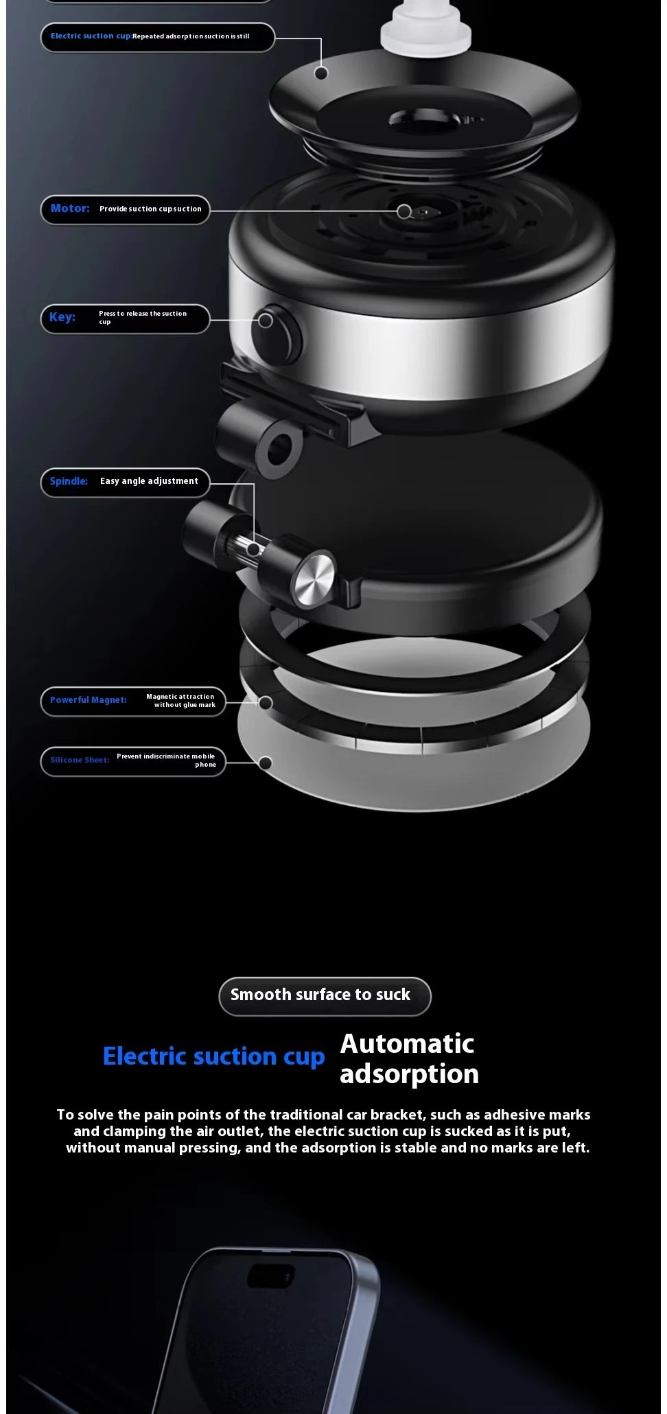 Electric Vacuum Magnetic Suction Car Phone Mount 360 Degree