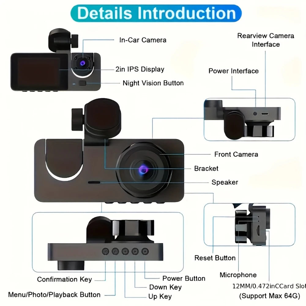 Dash Cam 2/3 Channel Car Black Box WiFi DVR HD 1080P