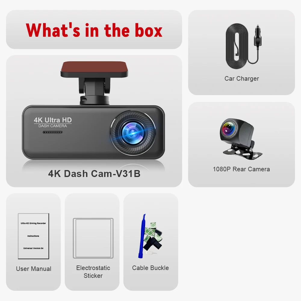 4K UHD WiFi Dash Cam for Car DVR Camera Front and Rear Dual Video
