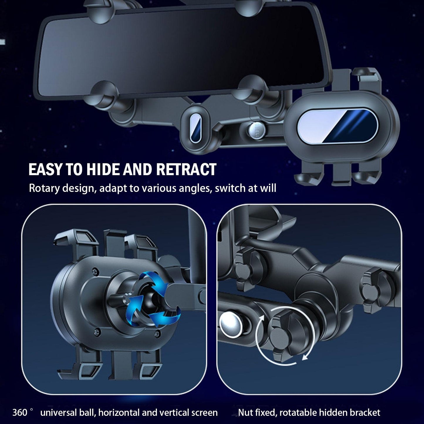 360° Car Rearview Mirror Mobile Phone Holder For Car Rotation