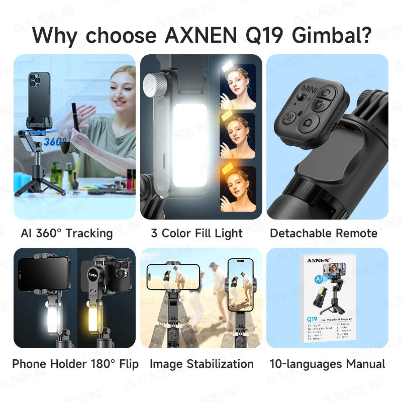 AXNEN AI Desktop Gimbal Tripod Extendable Selfie Stick