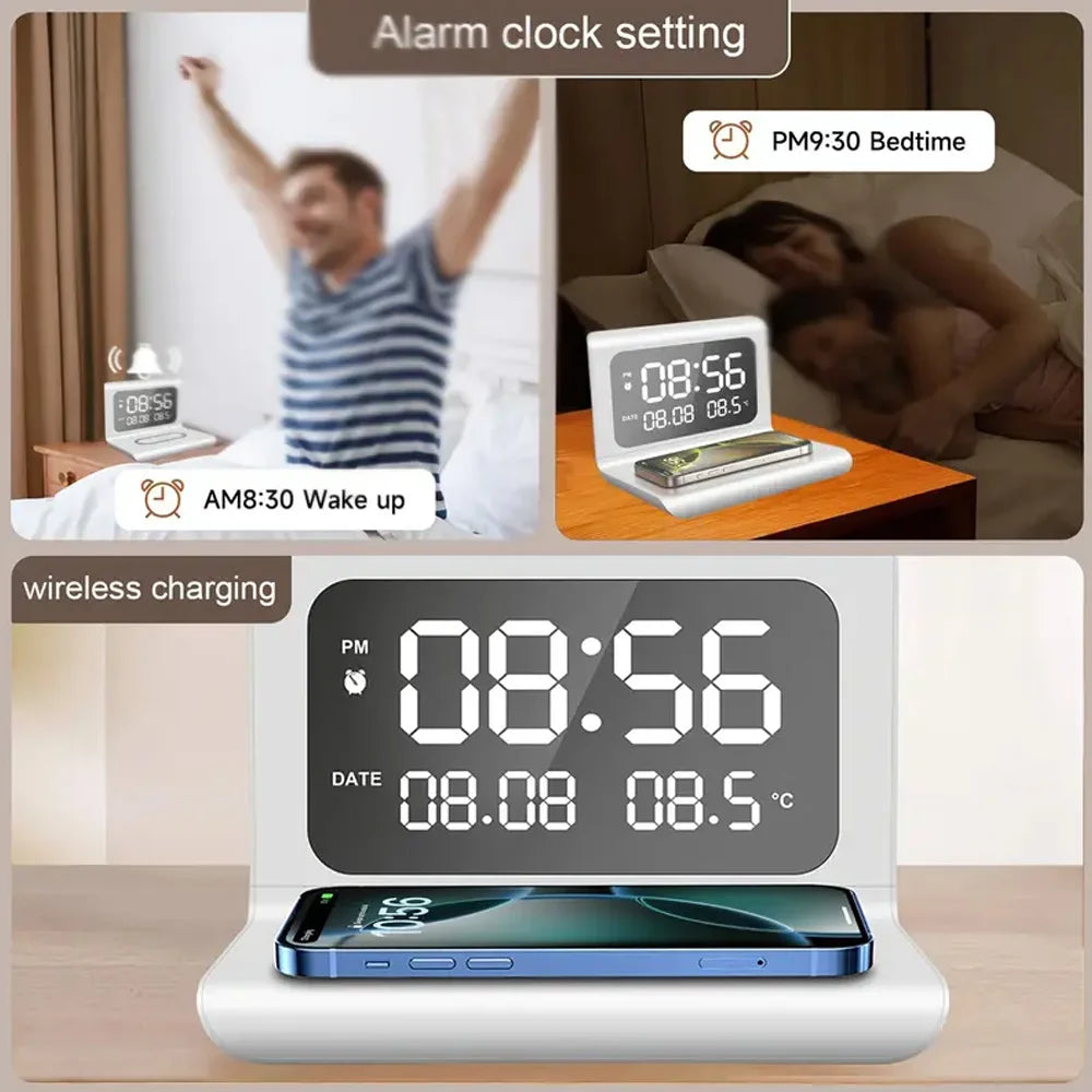 Fast Wireless Charger Pad Stand with Alarm Clock & Thermometer