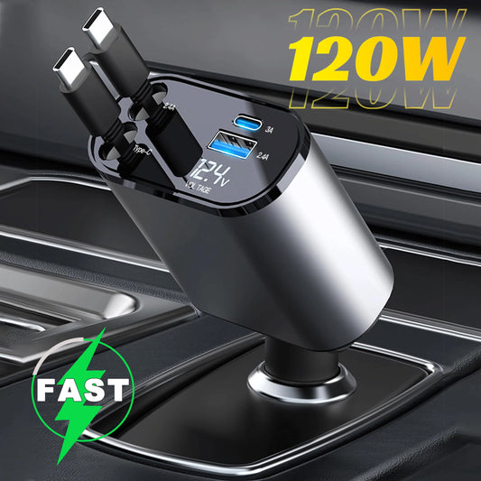 4 IN 1 Retractable Car Charger Mobile Phone USB PD Type C