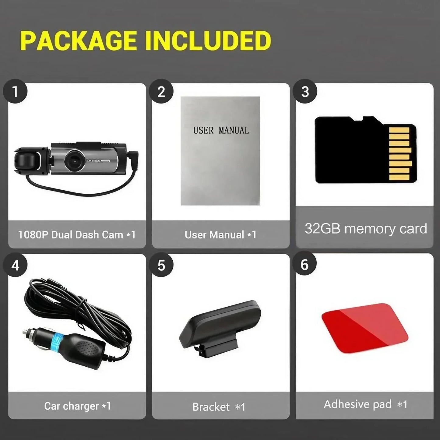 1080P HD Front Rear Dashcam 1 Count Dash Camera for Car