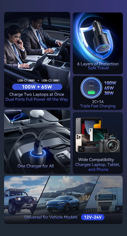 Vention 165W USB C Car Charger 3-Port Charging Adapter