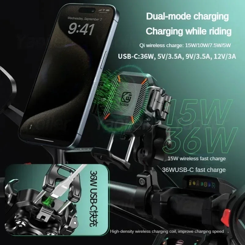 Motorcycle Phone Holder Shockproof 15W Wireless Charger
