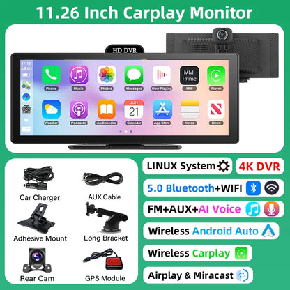 10/11.26 Inch 4K DVR Wireless CarPlay & Android Auto Dash Cam