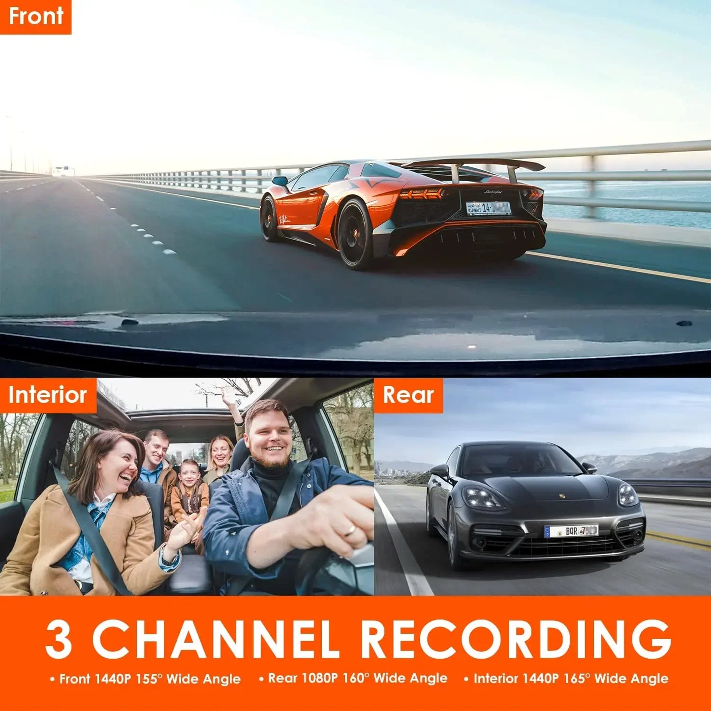 3 Channel Car DVR UHD 4K 3-Lens Inside Vehicle Dash Cam