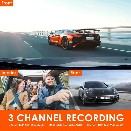 3 Channel Car DVR UHD 4K 3-Lens Inside Vehicle Dash Cam