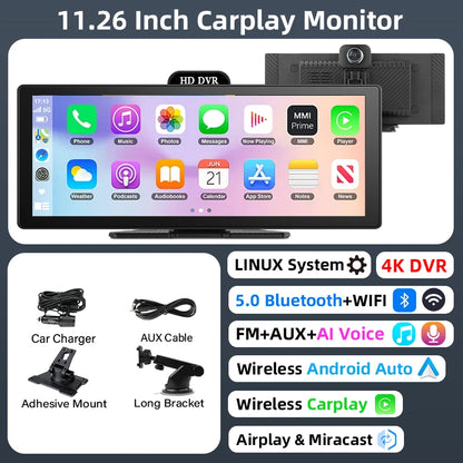 10/11.26 Inch 4K DVR Wireless CarPlay & Android Auto Dash Cam