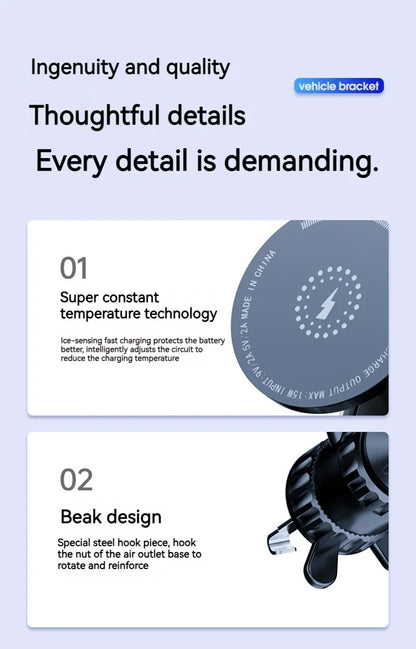 15W Car Magnetic Wireless Charger Holder with Metal Body - Fits Vent