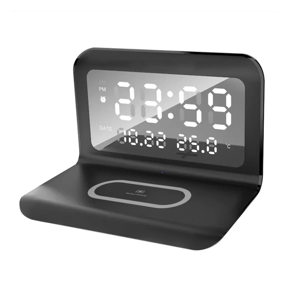 Fast Wireless Charger Pad Stand with Alarm Clock & Thermometer
