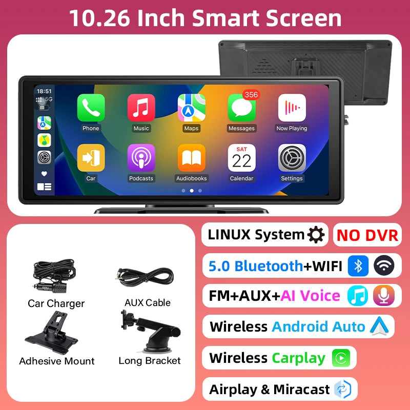 10/11.26 Inch 4K DVR Wireless CarPlay & Android Auto Dash Cam