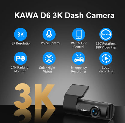 KAWA Dash cam Video Recorder D6 3K Car Camera Car DVR