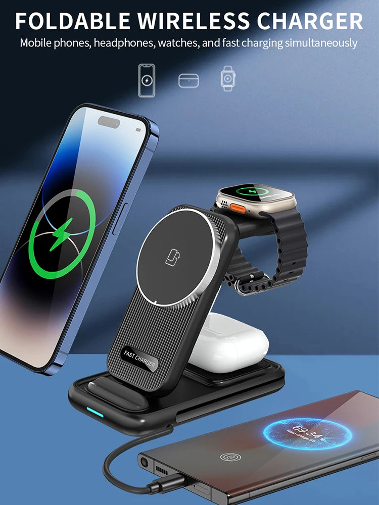 15W 4 in 1 QI2 Magnetic Folding Wireless Charger Fast Charging