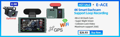 E-ACE 2K Car DVR WIFI GPS Stream Media Mirror Optional