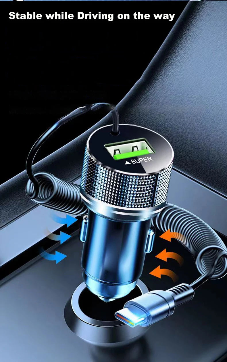 Metal USB Car Charger with Type C Cable 12V Super Fast Charging