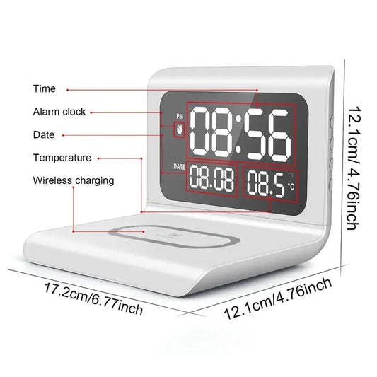Fast Wireless Charger Pad Stand with Alarm Clock & Thermometer