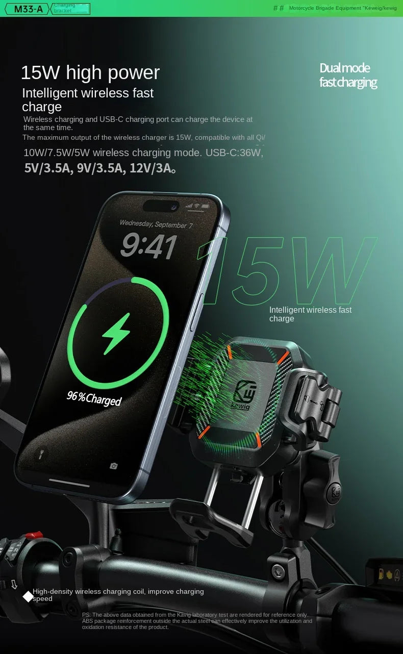 Motorcycle Phone Holder Shockproof 15W Wireless Charger