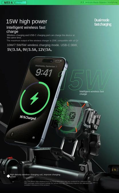 Motorcycle Phone Holder Shockproof 15W Wireless Charger