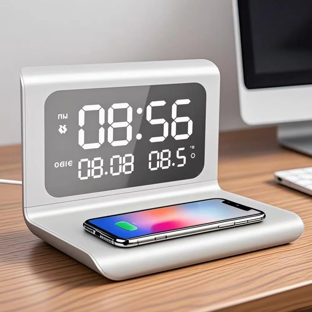 Fast Wireless Charger Pad Stand with Alarm Clock & Thermometer