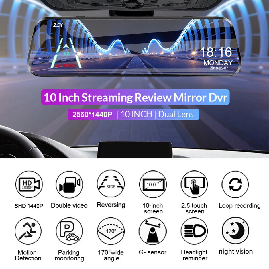 E-ACE 2K Car DVR WIFI GPS Stream Media Mirror Optional